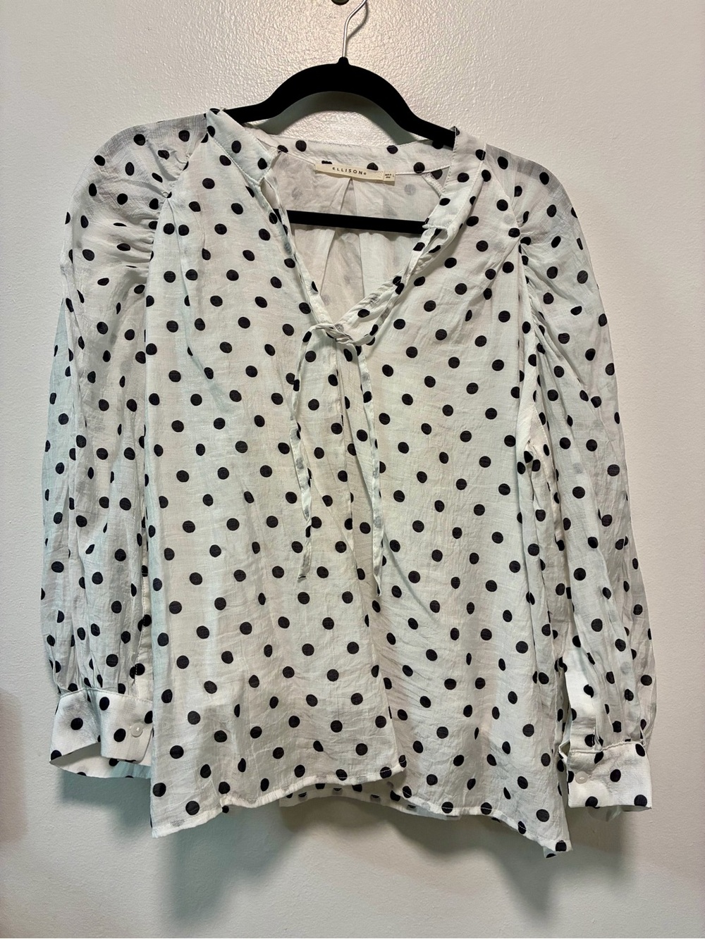 Ellison Polka Dot Tie-Neck Blouse - White with Black Dots - NWOT